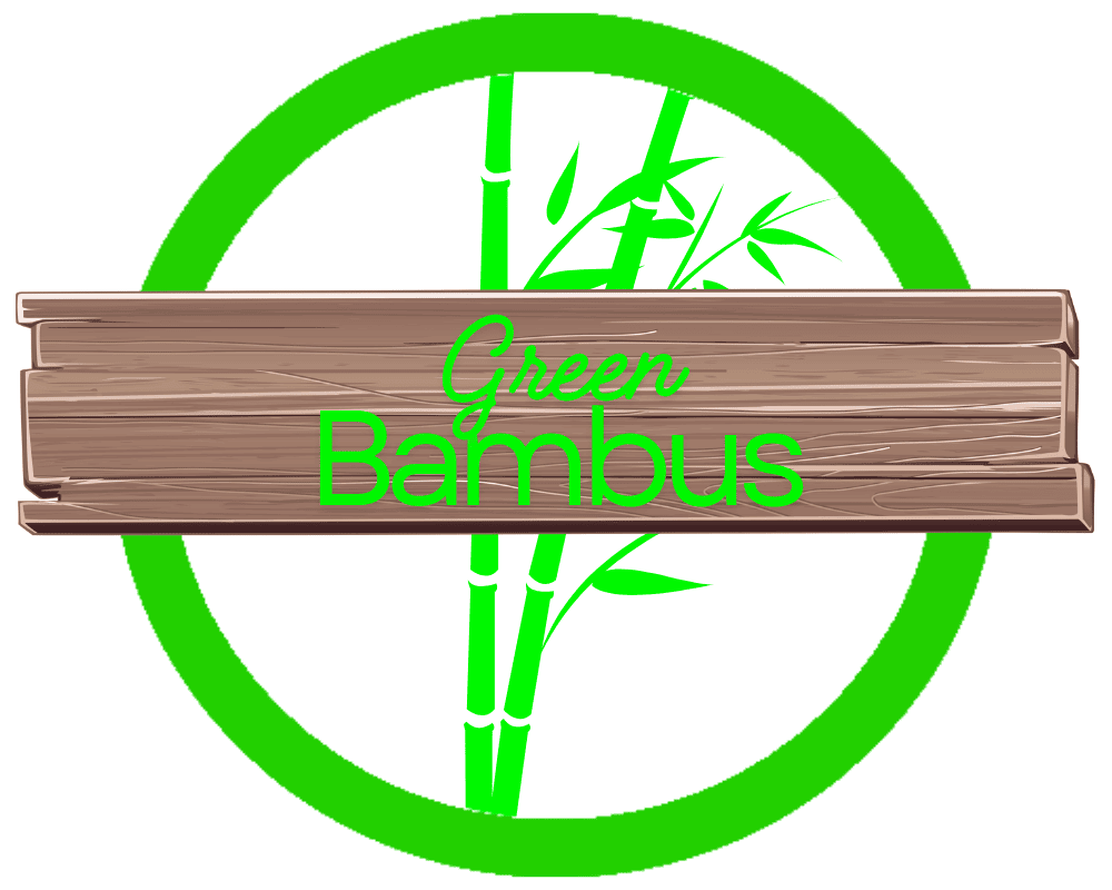 Grüner bambus logo mit holzschild, umweltfreundliche nachhaltigkeit, natur, grünes design.