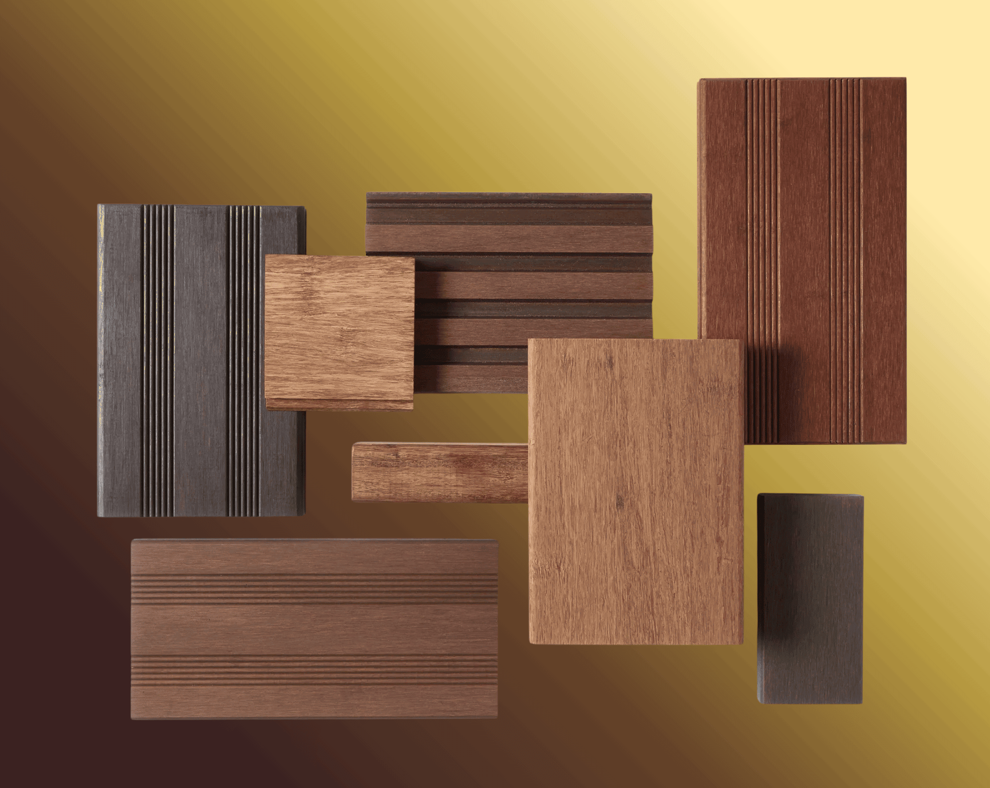 Verschiedene Holzproben in unterschiedlichen Farben und Oberflächenstrukturen.