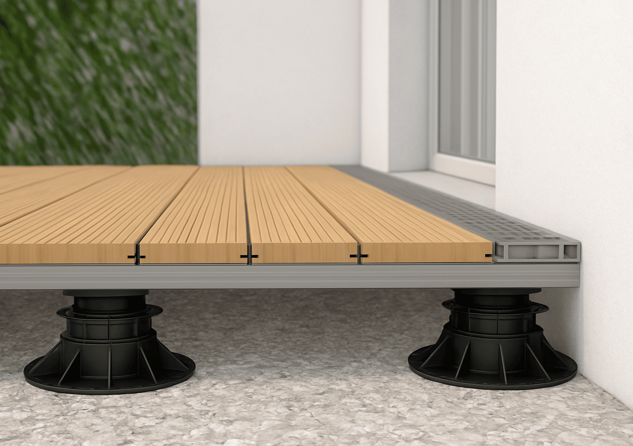 Hochwertige Bambus-Holzterrasse auf Gehwegstützen für langlebigen Außenbereich.