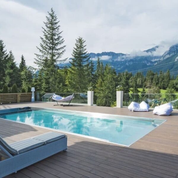 Pool mit Bergpanorama und Naturblick, ideal für Erholung im Grünen.