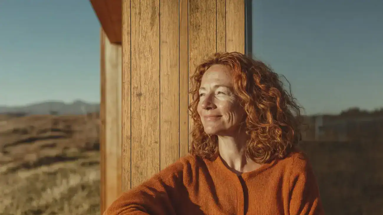 Frau genießt die Natur vor einem Holzhaus im Sonnenlicht.