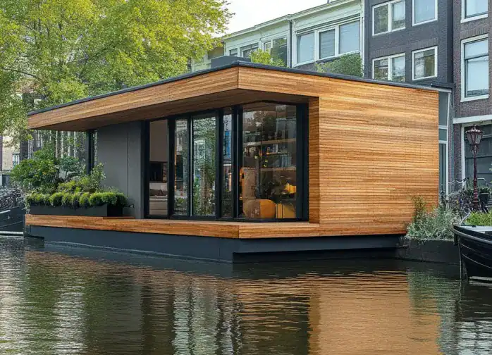 Modernes schwimmendes Haus mit Bambusfassade und großen Fenstern.