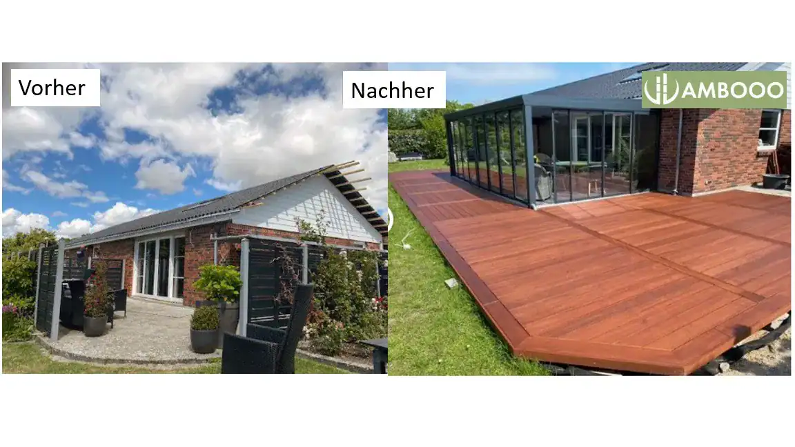 Vorher-Nachher Vergleich eines hochwertigen Holzterrassenbodens aus Naturholz.